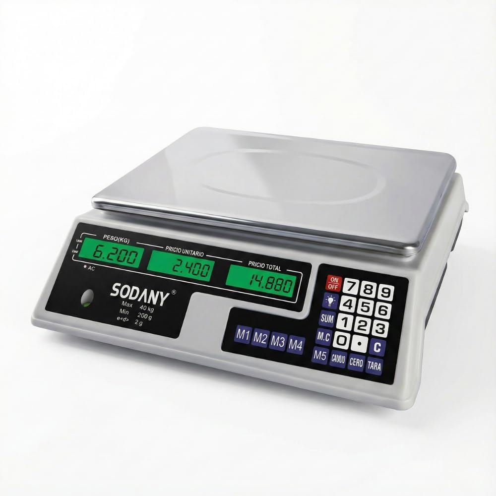 Báscula Comercial 40kg/2g Balanza Digital Profesional con Doble Pantalla LED Verde (3 Visores), Batería Recargable, Plato Acero Inoxidable. Ideal para Frutería, Mercadillo y Tiendas