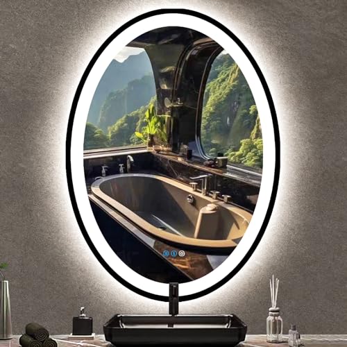 THEKLA 24 x 36 inch Black Frame Oval LED Mirror for Bathroom Salon Wall Mount 36 inch Black Framed Oval Lighted Vanity Mirror with Lights Smart Set Memory 3 Color Dimmable Front Light Anti-Fog