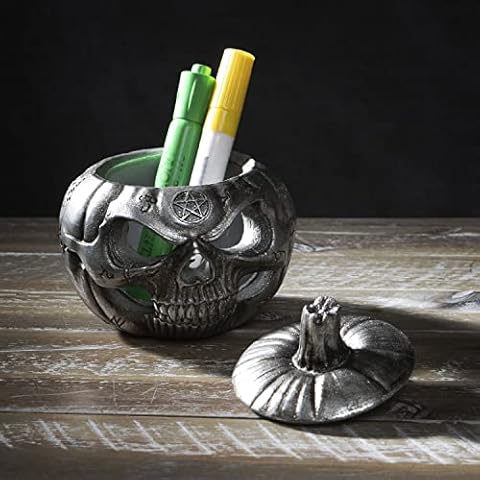 Antique Silver Finish Skull Face Pumpkin Pot with Lid Cover