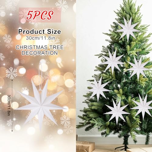 Image of 12 Inches 5 PCS White Paper Star Lanterns Hanging Stars Christmas Party Decorations Hanging Lampshade Christmas Wedding Birthday Christmas Home Party Decorations(9 Pointed)