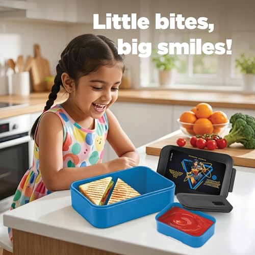 Image of Milton Berry Tiffin Lunch Box for Kids Boys & Girls with Leak-Proof Inner Container| Food Grade,BPA Free,Compact & Durable Snacks Box for kids I Plastic Spoon & Fork, 850 ml, Wonder Woman print, Black