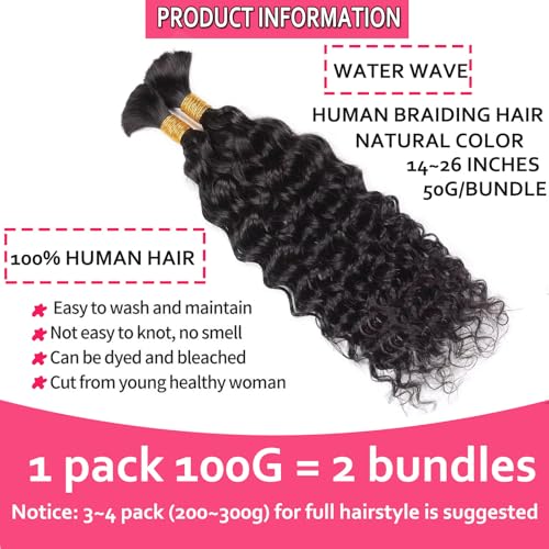 Huarisi Human Braiding Hair 100g 26 Inch Water Wave Bulk Human Hair for Boho Bohemian Knotless Braids Wet n Wavy Virgin Hair Extensions (2x50G/Bundle,Natural Color) - Image 3