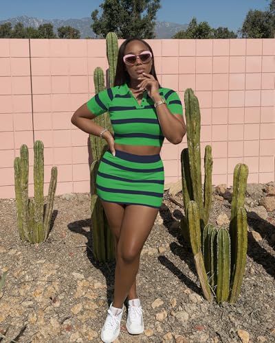 Image of HBQ Women's Casual 2 Piece Skirt Sets Polo Collar Crop Top Striped Mini Dress Summer Vacation-Stripe