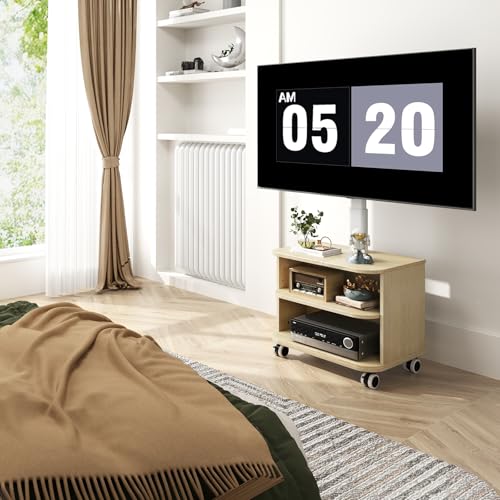 5Rcom White TV Stand on Wheels for 32-65 inch LED LCD OLED Plasma Flat Curved TVs, Height Adjustable TV Cabinet With Bracket up to 40kgs, Mobile TV Stand with Wooden Shelves Max VESA 400x400mm - Image 3