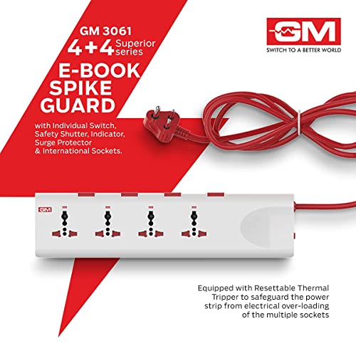 Image of GM 3061 E-Book 4+4 Power Strip with Spike Guard & Surge Protector, 4 Individual Power Switch 6 AMP Output, Safety Shutter, 4 International Sockets Board, 2 Meter Cord Length, 1 Year Warranty Pack of 2