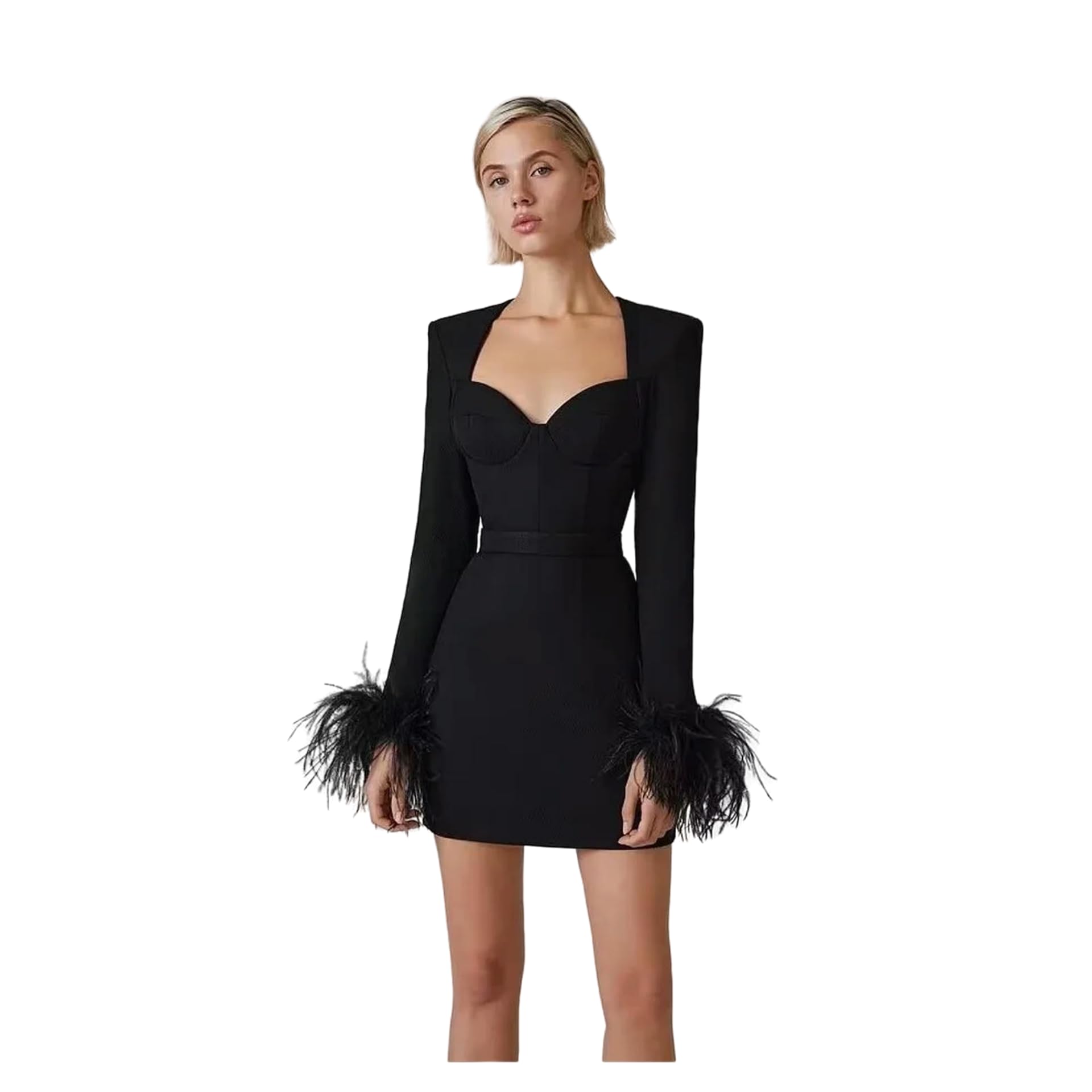 Juketron Vestido Bandage Sexy sin Tirantes para Mujer, Mini Vestidos Elegantes de Fiesta de Noche de Manga Larga con Plumas Negras