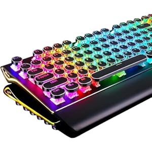 RK ROYAL KLUDGE S108 Typewriter Keyboard, Retro Mechanical Gaming Keyboard Wired 108 Keys with RGB Backlit Sidelight, Detachable Wrist Rest, Round Keycaps Blue Switches – Black