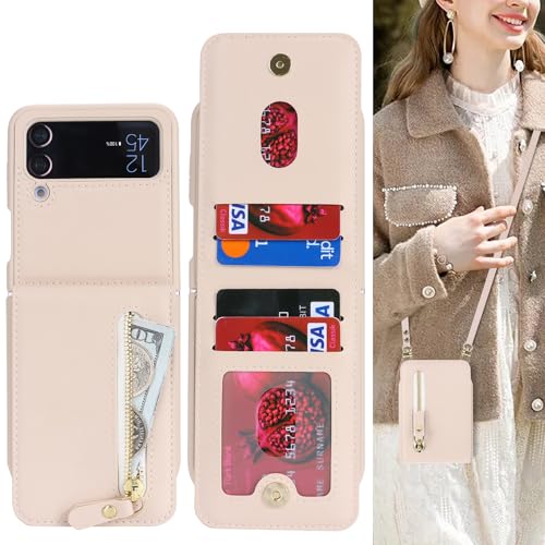 Cavor for Samsung Galaxy Z Flip 4 Case Wallet with for Women,Galaxy Z Flip 4 Case with Strap,Crossbody Strap Lanyard Card Holder Stand,Flip 4 Phone Case Cute,Leather Zipper Pocket Cover-White