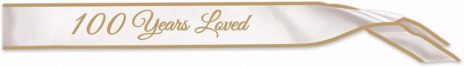 White and Gold 100 Years Loved Satin Sash - 1pc