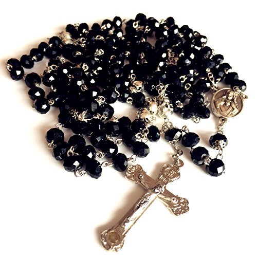 elegantmedical HANDMADEsilver skull & black Fifteen 15 Decade rosary cross crucifix Catholic Necklace Box