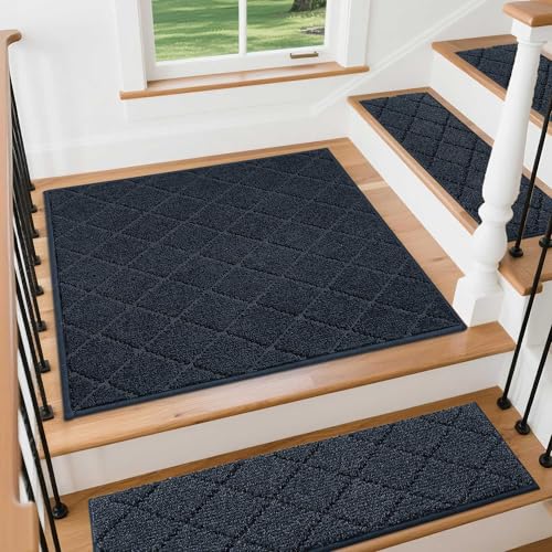 Image of COSY HOMEER Stair Landing Rugs Non-Slip Corner Indoor Edging Stair Treads for Wooden Steps,Washable Soft Stair Landing Mat for Kids,Elder and Dogs,Polyester,TPE Backing,Navy,30x30inch