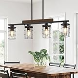 Dining Room Light Fixture/Chandelier Over Table, 29.6-Inch Hanging for Farmhouse Linear Chandeliers,4-Light Kitchen Island Lighting, Black Rustic Wooden Ceiling Chandelier,with Metal lampshade