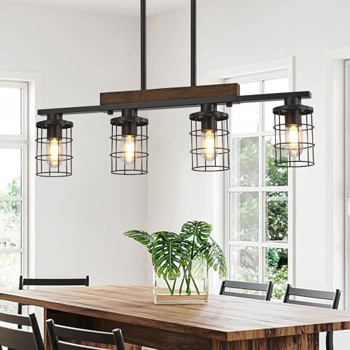Dining Room Light Fixture/Chandelier Over Table, 29.6-Inch Hanging for Farmhouse Linear Chandeliers,4-Light Kitchen Island Lighting, Black Rustic Wooden Ceiling Chandelier,with Metal lampshade