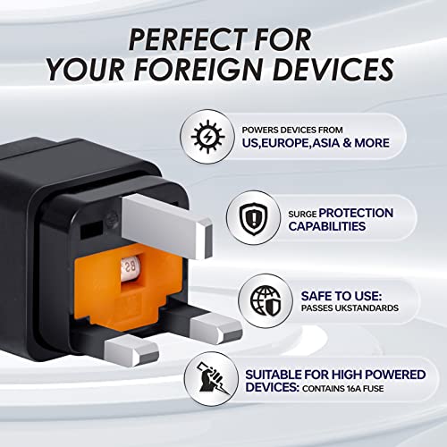 محول سفر عالمي إلى UK من انفينو™ من 3 قطع، بلون أسود، محول طاقة عالمي ثلاثي- يحول مقابس US/JP/AU/EU/CN إلى UK - مؤرض وآمن وصغير الحجم، قابل للاستخدام مع جميع الأجهزة، مع مصهر 13 امبير + 2 قطع غيار