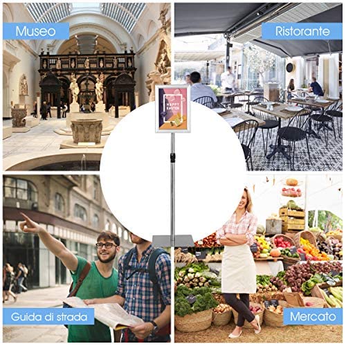 Espositore Da Pavimento GYMAX A4 – Stand Poster Regolabile In Altezza (73,5-118cm), Pannello Girevole 360°, Base Stabile In Acciaio Inox, Per Negozi E Ristoranti (Argento)