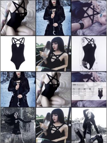 LJJPMLLPZ Women Hollow Out Low Chest Pentagram Bodysuit Gothic Dark Street Jumpsuit: Small
