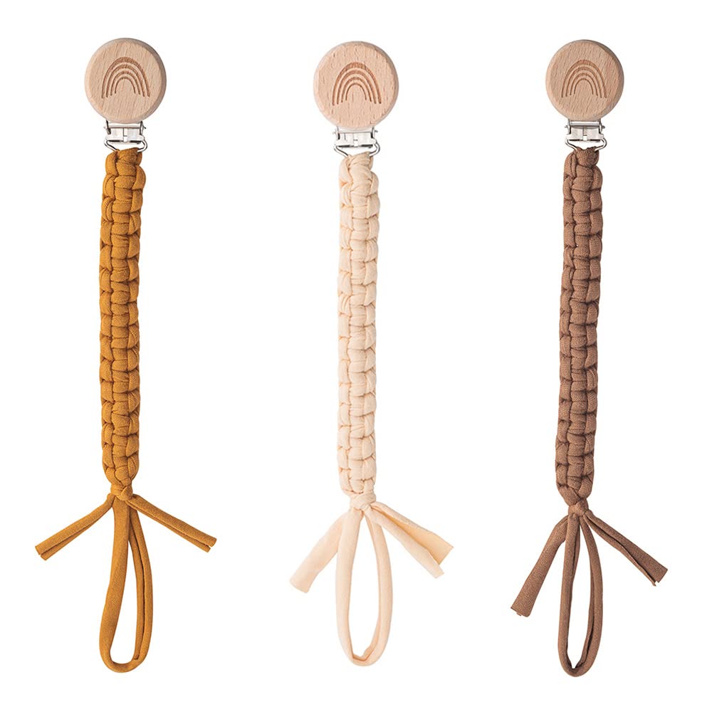 Symbolife Pacifier Clip for Boys Girls Pacifier Holder Leash Boho Rainbow Wooden Clips Handmade Braided Cotton Unisex Baby Shower Birthday Gift