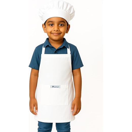 MAKSTILE Kids Apron with Chef Cap |Adjustable Neck Strap |Ideal for Cooking, Baking, Painting & School Activities | Cotton Children Apron for Boys & Girls | 3 to 6 years | Size-52 x 47 cms