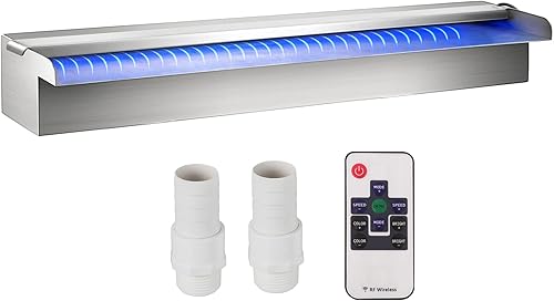 VEVOR Fuente de piscina de acero inoxidable, cascada de piscina de 23.6 x 4.5 x 3.1 pulgadas (ancho x profundidad x alto) con tira de luz LED,