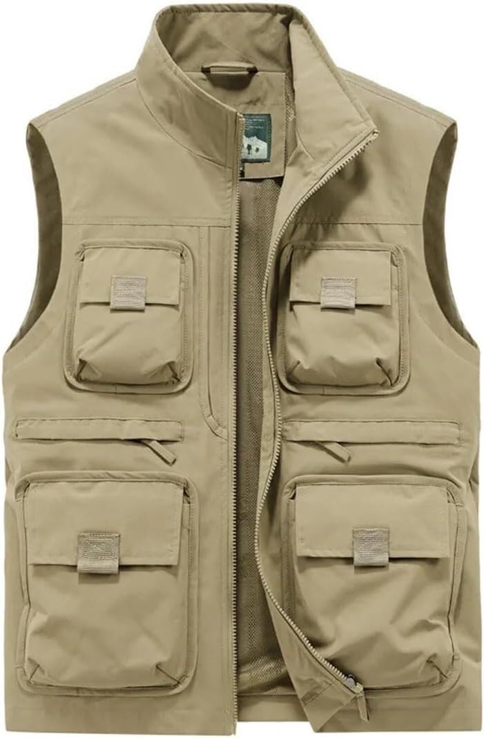 Gilet da Esterno Multi-Tasca Traspirante Giacca da Pesca Gilet da Strada Gilet da Pesca Gilet da Campeggio for Escursioni all'aperto(Khaki,L)