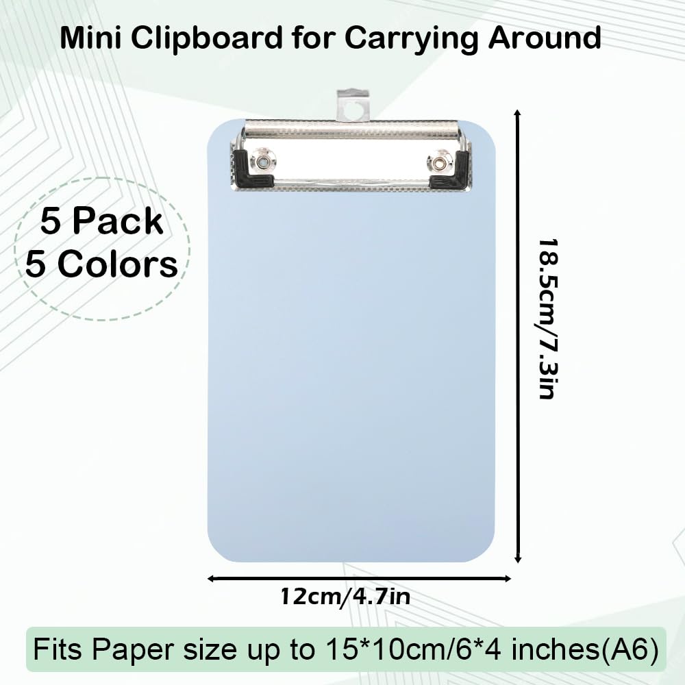 5 Mini Porte Bloc avec Pince, 18 x 12,5 cm Planchettes à Pince en Plastique, Planche à Écrire avec des Crochet, Planche à Dessin en 5 Couleurs pour Infirmières Étudiants Employés de Bureau