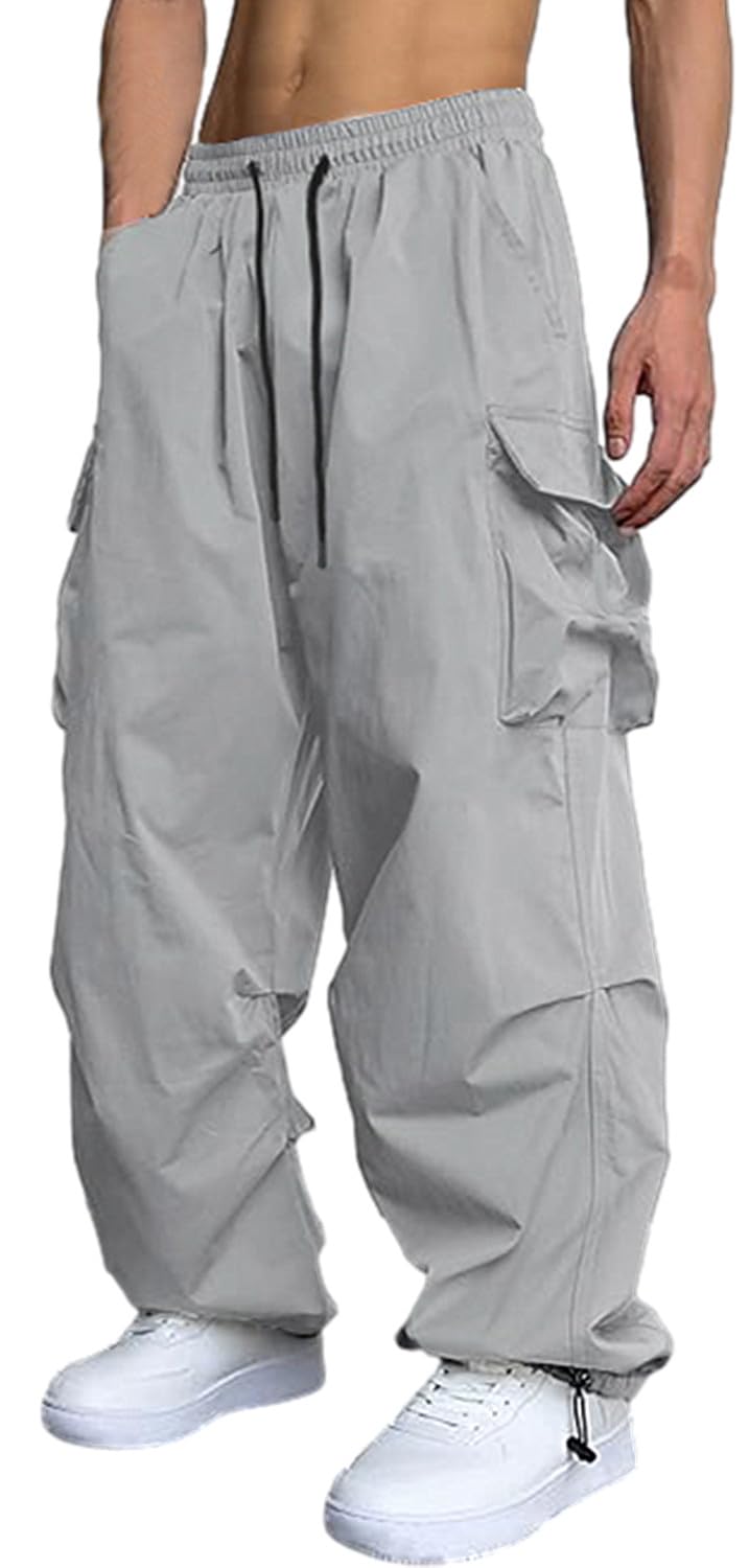 GUDEUBAI Men's Casual Cargo Pants Elastic Waist Drawstring Street Hip Hop Trousers with Pockets