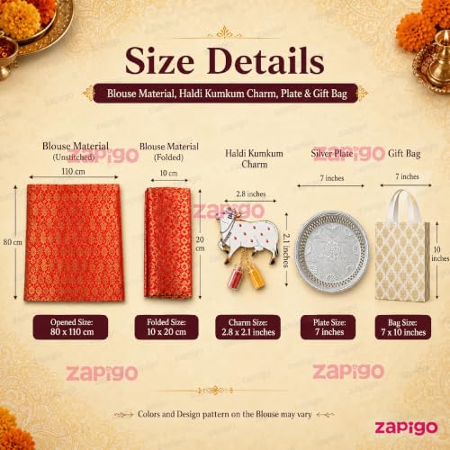 Image of Habba Blouse Piece with Cow Kumkum Set, Decorative Silver Plate & Laminated Carry Bag, Silk Blend Blouse Material Combo for Traditional Haldi Kumkum, Pooja Return Gifts, Navratri, Diwali - Pack of 5