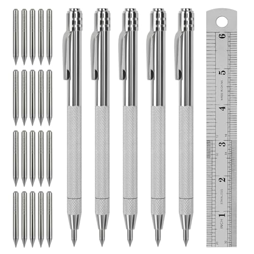 IMMH 5 Pack Tungsten Carbide Scribe Pen with Magnet & 20 Replacement Tips Scriber Marking Tool with Knurled Aluminum Handle Metal Engraving Pen for Wood Metal Glass Plastic