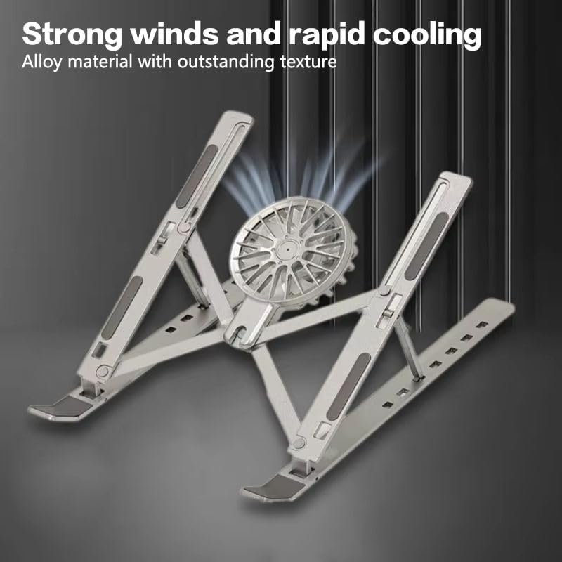Image of Foldable Aluminium Alloy Laptop Stand with Detachable Cooling Fan, Adjustable Height, for Laptops and Tablets