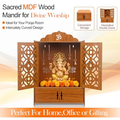 Image of Pack of 1 Wooden MDF Temple Mandir for Home & Shops, Size 51x37x27 Cm1 Piece LED Light & Complete Wall Mount Kit with Door & Cabinet with Storage Space, Assembly Required, Pooja Mandir