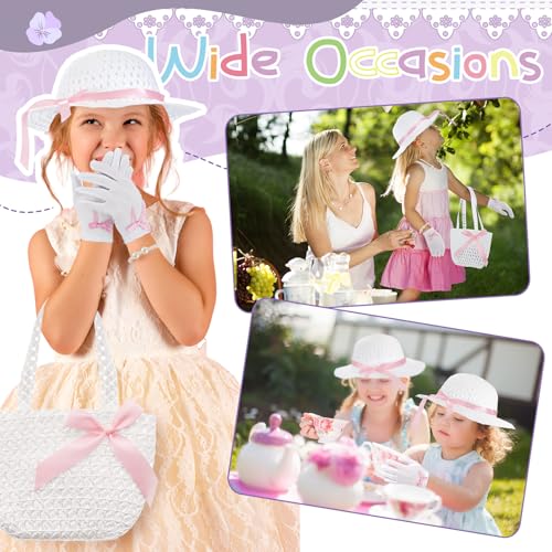 Tradder 5 Pcs Tea Party Hat Accessories Girls Tea Party Gloves Fascinator Hat Handbag Bracelet Necklace for Outfit Decoration4