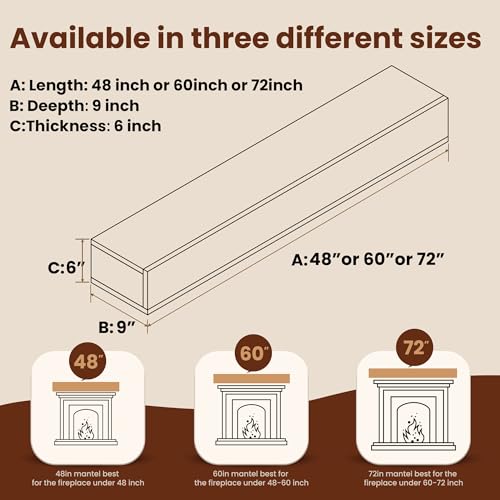 Image of Floating Mantel Shelf - Wood Fireplace Mantel, Wall-Mounted, Weight Capacity 60lbs, 72 X 9 X 6 inch, Oak