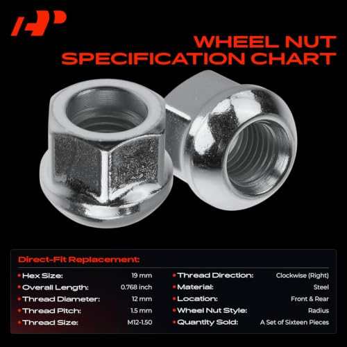 Image of A-Premium Front & Rear M12-1.50 Wheel Lug Nuts, Set of 16 | Compatible with Acura CL Integra Legend Vigor & Honda Accord Civic CivideSol CRX Fit Insight Prelude