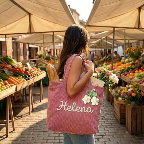 Bolso personalizado de pana, bolso casual de hombro con patrones personalizados de nombre/letras. Bolso de viaje de algodón duradero, regalo ideal para damas de honor, maestros y para Navidad, cumpleaños o luna de miel. miniatura 3