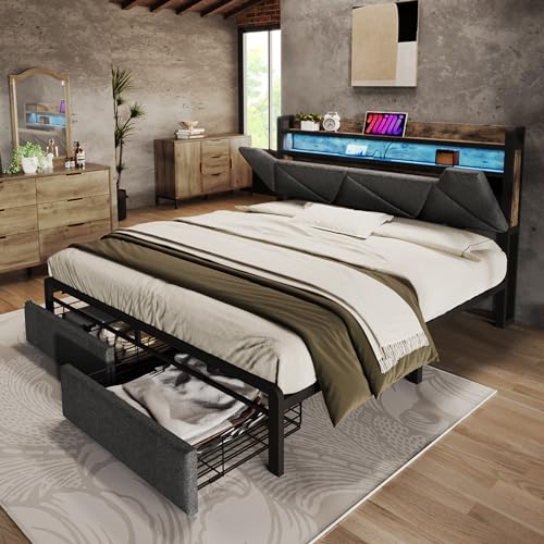 LAKFEW Camas Matrimoniales Cama 140x200 con USB y Iluminación LED, Cama Matrimonio con 2 Cajones y Cabecero Abatible, Camas Juveniles Cama Doble con Estructura Metálica, Gris, Sin Colchón