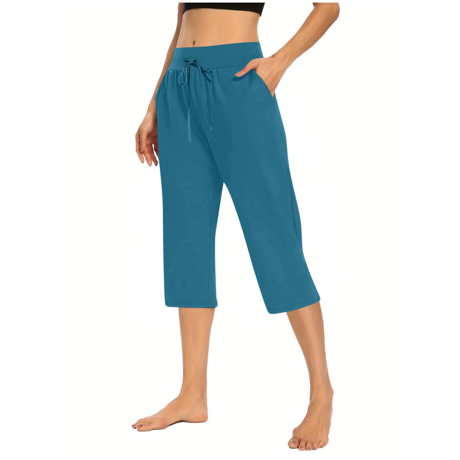 Wide Leg Capri Pants for Women Summer Elastic Waist Drawstring Yoga Pants Comfy Lounge Cropped Trouser with Pockets(Blue,Medium)