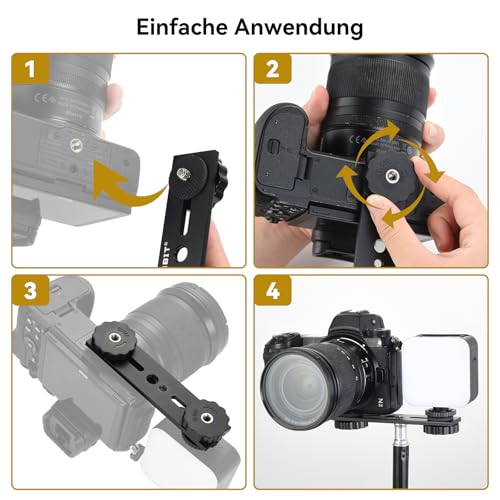UTEBIT Dual Blitzhalterung 5 Zoll, Aluminium Blitzschiene mit 1/4 und 3/8 Schraube Kamera Flash Bracket mit Doppel Blitzschuh für DSLR Kamera, LED Licht, Mikrofon, Stativ Zubehör