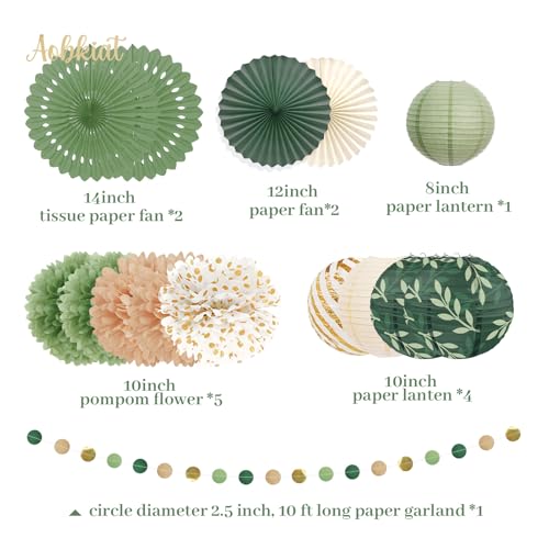 Image of AOBKIAT Sage Green Party Decorations Kit for Birthday,Netural Baby Shower | Paper Decor with Flower,Lantern,Party Garland,Streamers for Bridal Shower,Boho Wedding,Bachelorette,Woodland Theme Parties