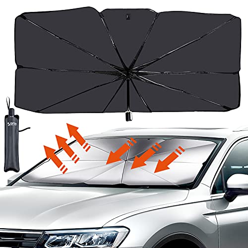 Sfee Car Sun Shade for Windshield, Car Umbrella Sun Shade Cover Foldable UV Rays and Heat Sun Visor Protector UV Block Front Window Sun Shade for Car Windshield Fit Most Vehicle + Storage Bag(S)