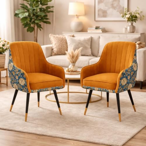 Image of Velvet Chair for Home | Modern Accent Armchair in Soft Velvet Fabric with Golden Legs | Set of 2 Premium Accent Chair for Living Room Bedroom Restaurent | 2 pc (Brown Floral)