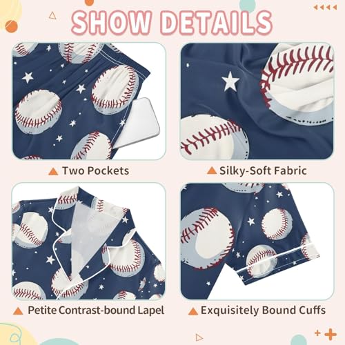 senya White Baseball Star Satin Summer Pajama Sets Silk Short Sleeve Button Down Sleepwear3