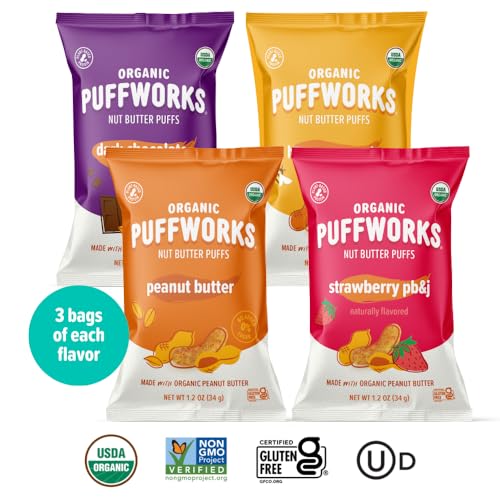 Puffworks Four Flavor Variety Pack Organic Peanut Butter Puffs (Original, Pbj, Dark Chocolate, Honey), Plant-Based Protein Snack thumb #2