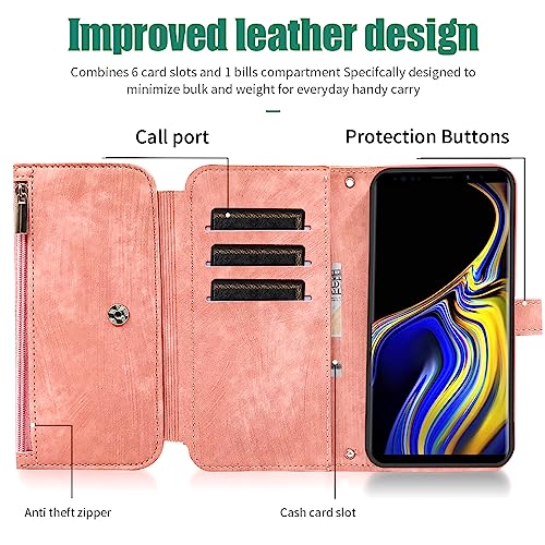Image of Compatible with Samsung Galaxy Note 9 Wallet Case 9 Card Slots Retro Leather Flip Card Holder Stand Cell Accessories Strap Rugged Wrist Credit Purse Folio Phone Cover for Note9 Not S9 Women Men Pink