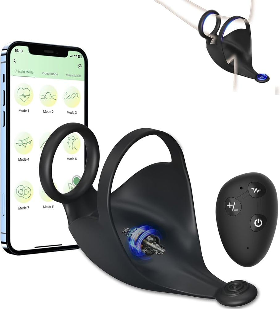Generico Anelli Per Pene 3 in 1 Per Vibratori Maschili, Vibratore Stimolatore Per Testicoli Perineo Con 9 Forti Vibrazioni, APP E Telecomando Giocattoli Sessuali Per Adulti E Gioco Stroker
