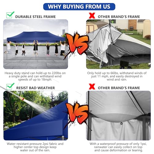 Image of COBIZI 10x20 Heavy Duty Pop Up Canopy Tent with 6 Sidewalls Thicken Frame, Commercial Easy Up Outdoor Wedding Party Tents, All Season Waterproof Windproof with Stakes Sandbags Ropes Roller Bag, Navy