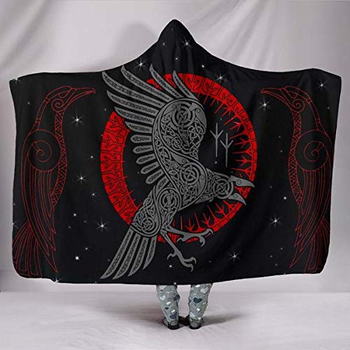 Wikinger-Rabe Decke mit Kapuze,Winter Weich Wohndecke Kuscheldecke Schlafdecke Sofadecke Plüschdecke Pelzdecke Printdesign Couchdecke Mikrofaser Wearable Decke für Erwachsene Kind Schwarz 150 * 200cm