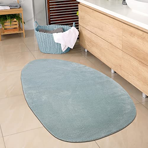 CARPETIA Ovaler Badezimmer Teppich angenehm weich – pflegleicht – in blau, 80x120 cm Oval