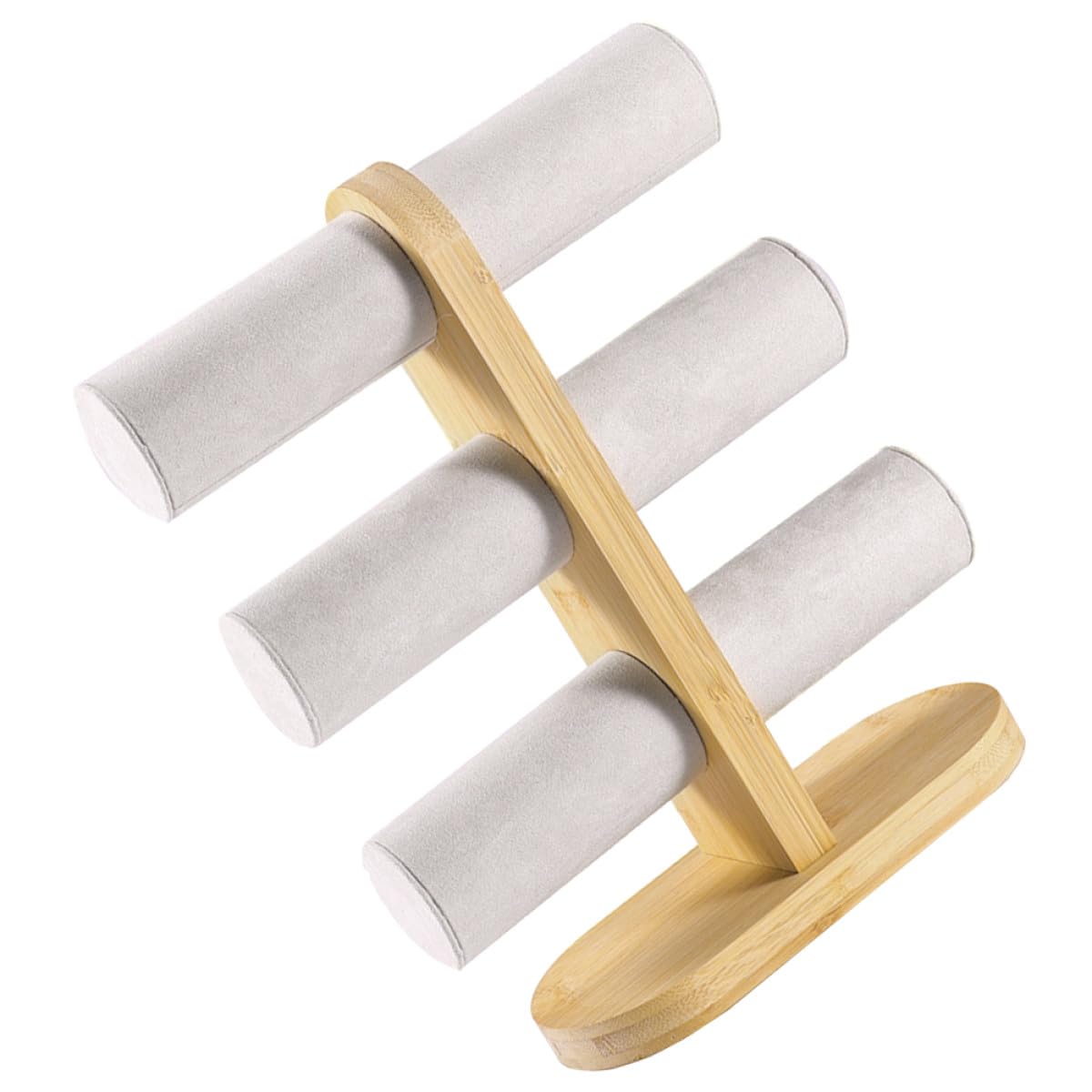 Outanaya Expositor de Joyas de Escritorio de 3 Niveles, Soporte para Reloj y Pulseras, Estante Organizador de Bambú Pelusa Color Beige para Almacenar Bisutería, Brazaletes y Accesorios