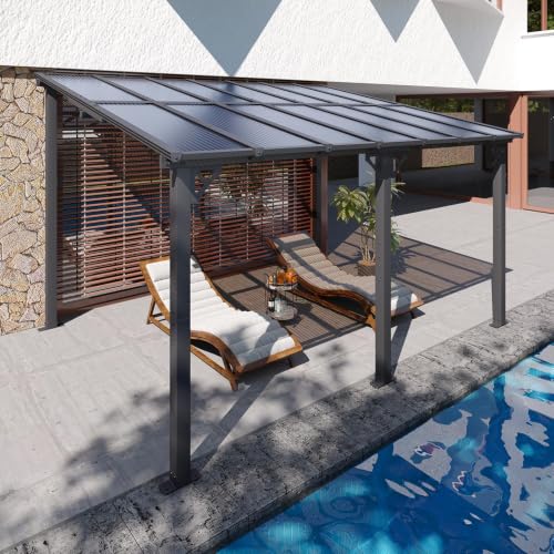 Image of 10x14FT Lean to Gazebo Pergola Patio Pergolas withSloped Roof | Large Wall Mounted Gazebos Heavy Duty Awnings with Galvanized Steel Frame Hardtop Gadern Canopy for Backyard, Deck, Porch