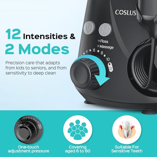 Image of COSLUS E2 Water Dental Flosser for Teeth Cleaning, Multi-User Family Use | 12 Pressure Settings & 2 Modes for Orthodontic, Braces, Sensitive, Patented Storage, 5 Jet Tips and 600ML Tank Home, Black